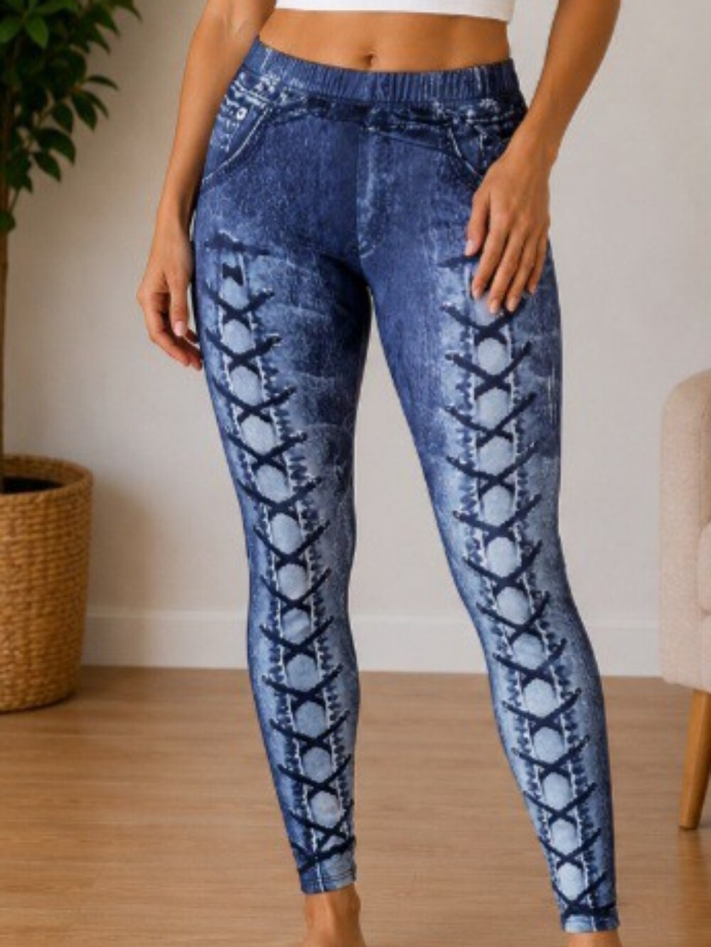 Denim Print Lace-Up Jeggings | Stretch Graphic Leggings